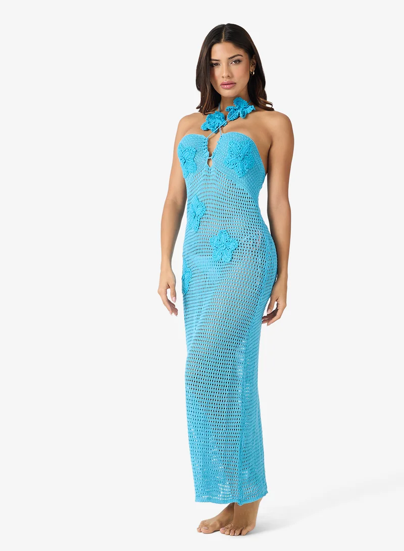 Ginger Halter Neck 3D Floral Detail Crochet Dress